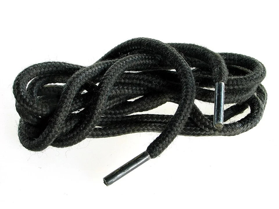 Black shoelaces with rigid tips at their ends.